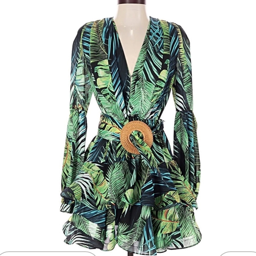 Bronx and Banco Green Leaf Long Sleeve Dress
